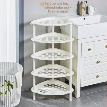 Raft de baie triunghiular, podea, din plastic, Maxiju Tripod (Greutate pe nivel 5–7,5 kg; Până la 5 niveluri; Stil modern minimalist)