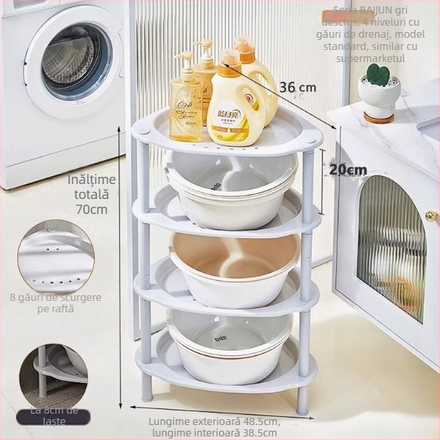 Raft de baie triunghiular, podea, din plastic, Maxiju Tripod (Greutate pe nivel 5–7,5 kg; Până la 5 niveluri; Stil modern minimalist)