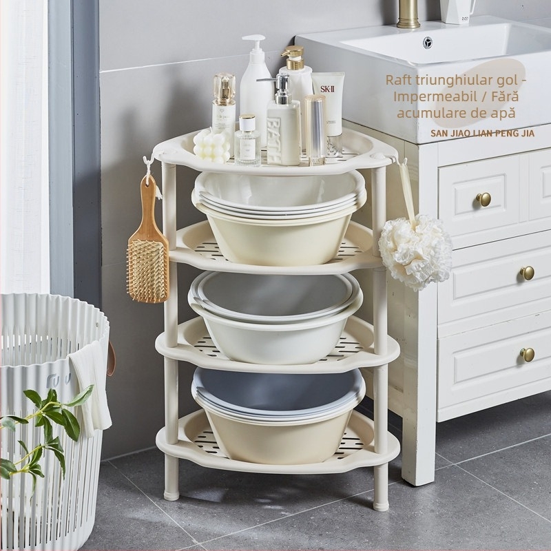 Raft de baie triunghiular, podea, din plastic, Maxiju Tripod (Greutate pe nivel 5–7,5 kg; Până la 5 niveluri; Stil modern minimalist)