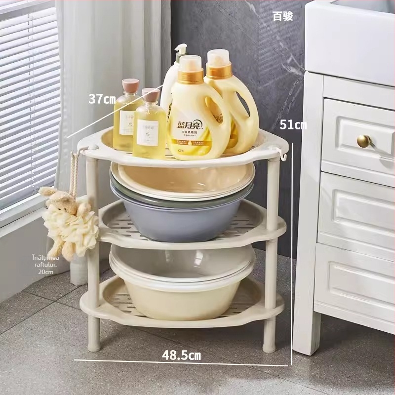 Raft de baie triunghiular, podea, din plastic, Maxiju Tripod (Greutate pe nivel 5–7,5 kg; Până la 5 niveluri; Stil modern minimalist)