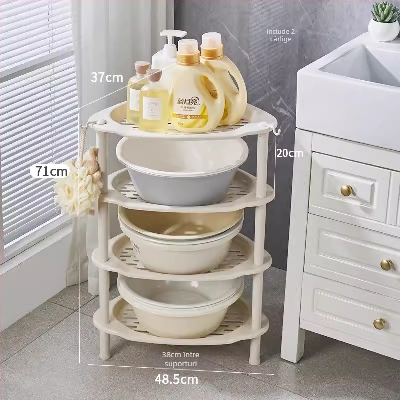 Raft de baie triunghiular, podea, din plastic, Maxiju Tripod (Greutate pe nivel 5–7,5 kg; Până la 5 niveluri; Stil modern minimalist)