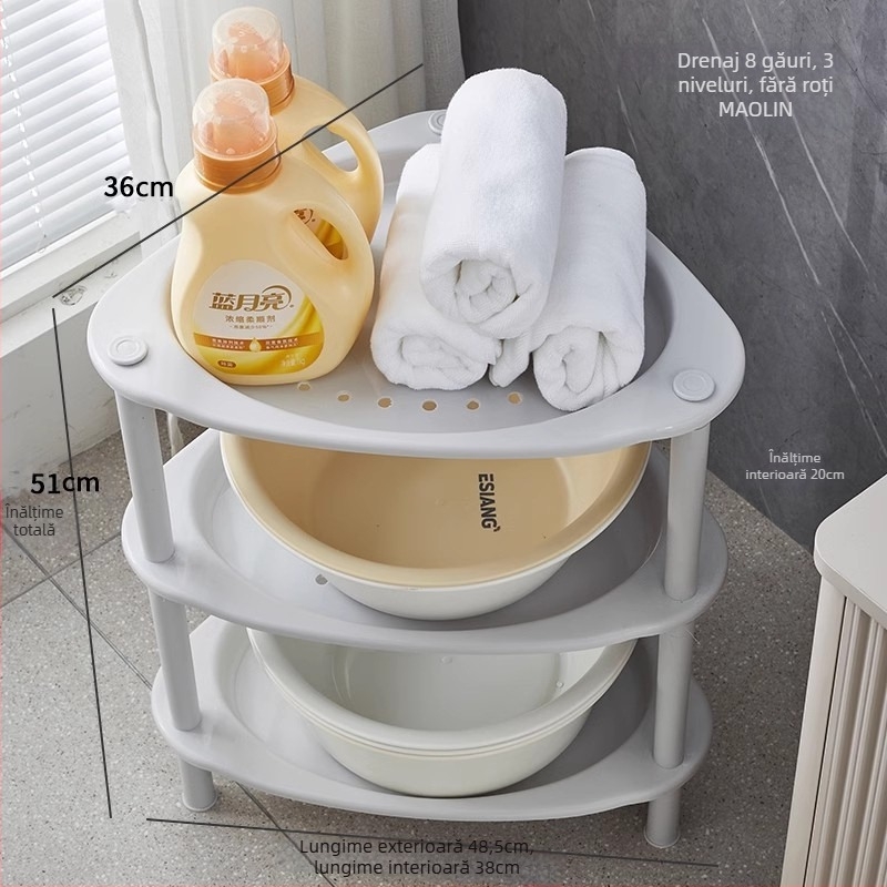 Raft de baie triunghiular, podea, din plastic, Maxiju Tripod (Greutate pe nivel 5–7,5 kg; Până la 5 niveluri; Stil modern minimalist)