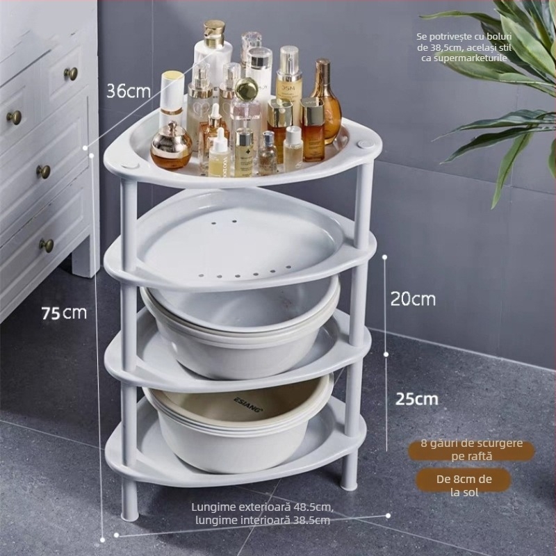 Raft de baie triunghiular, podea, din plastic, Maxiju Tripod (Greutate pe nivel 5–7,5 kg; Până la 5 niveluri; Stil modern minimalist)