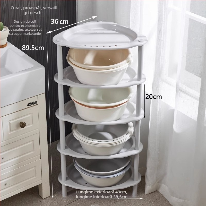 Raft de baie triunghiular, podea, din plastic, Maxiju Tripod (Greutate pe nivel 5–7,5 kg; Până la 5 niveluri; Stil modern minimalist)