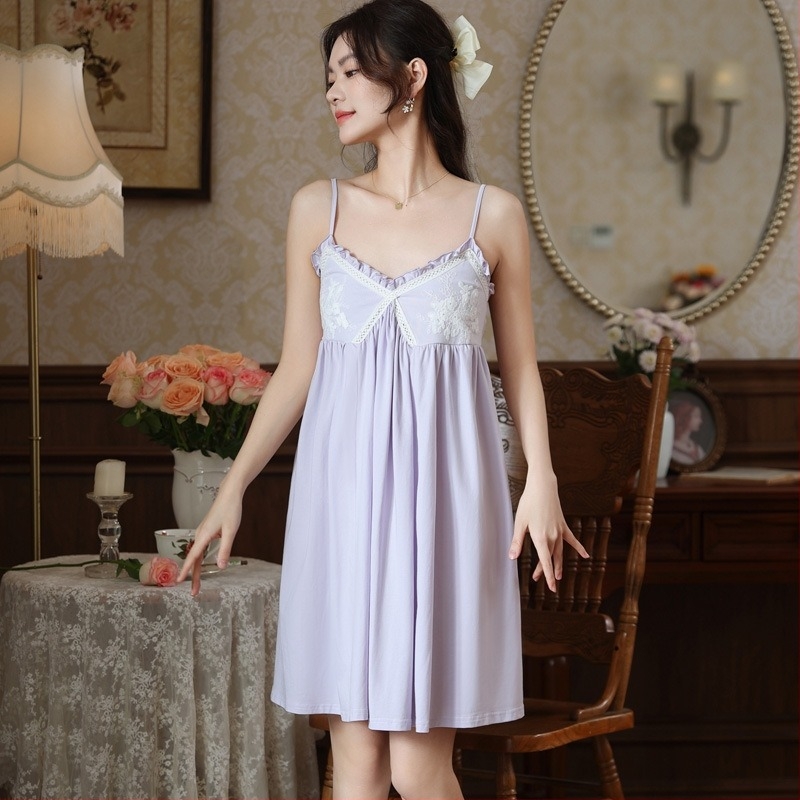 Pijamă fără mâneci cu bretele, stil Palat retro, bumbac 95–100%, decolteu în V, lungime medie