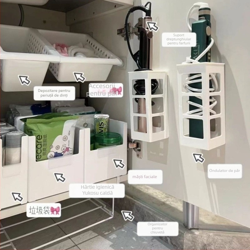 Raft extensibil sub chiuvetă pentru bucătărie, fără găuri, organizator de dulap, raft de colț pentru baie