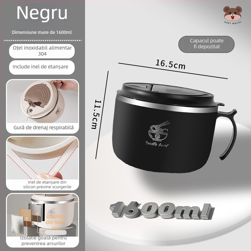 Bol pentru tăiței instant, din oțel inoxidabil 304, rotund, compatibil cu microunde, personalizabil cu logo