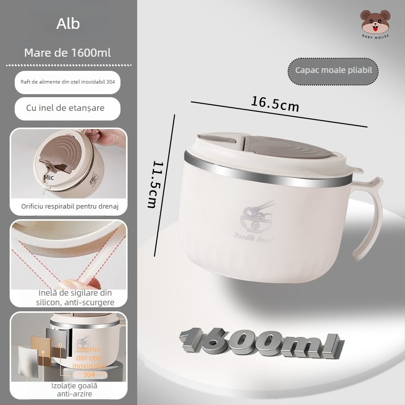 Bol pentru tăiței instant, din oțel inoxidabil 304, rotund, compatibil cu microunde, personalizabil cu logo