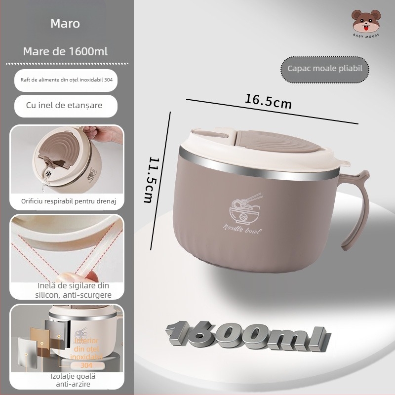 Bol pentru tăiței instant, din oțel inoxidabil 304, rotund, compatibil cu microunde, personalizabil cu logo