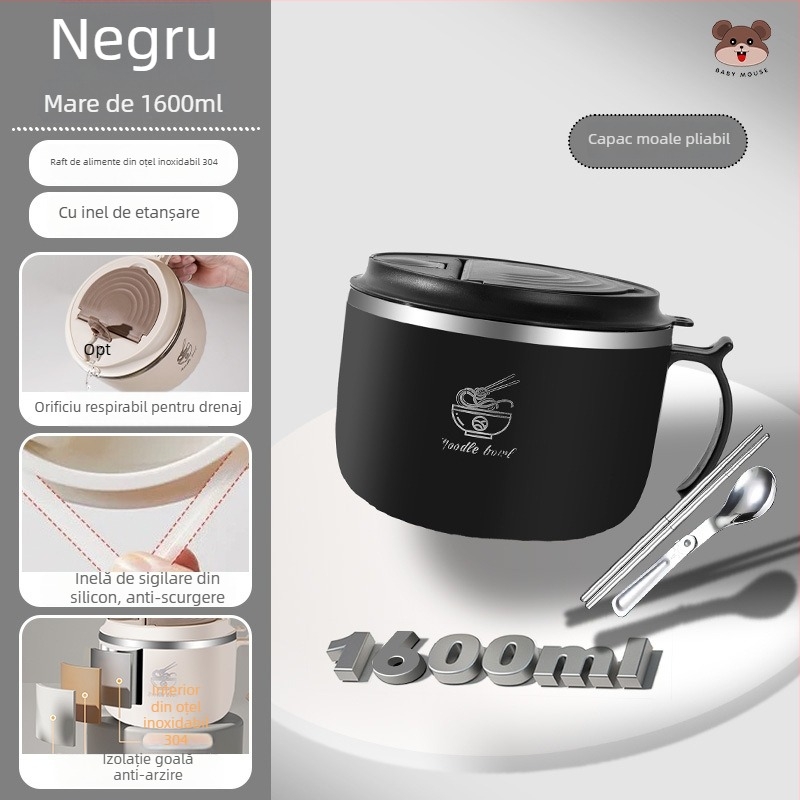 Bol pentru tăiței instant, din oțel inoxidabil 304, rotund, compatibil cu microunde, personalizabil cu logo