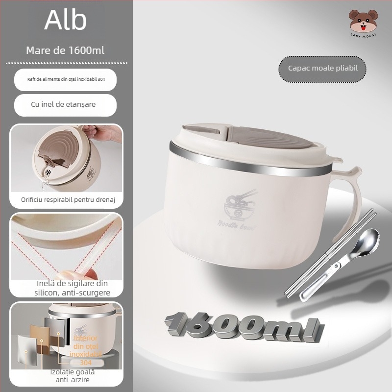 Bol pentru tăiței instant, din oțel inoxidabil 304, rotund, compatibil cu microunde, personalizabil cu logo