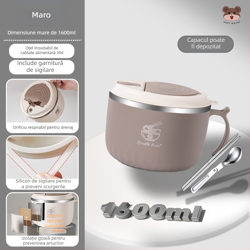 Bol pentru tăiței instant, din oțel inoxidabil 304, rotund, compatibil cu microunde, personalizabil cu logo