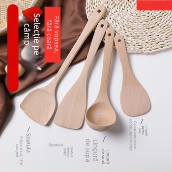 Lingură de gătit din lemn de fag natural, cu mâner din lemn, antiaderentă, rezistentă la temperaturi înalte, antiderapantă, prevenție arsuri