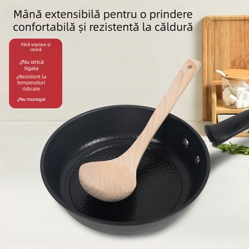 Lingură de gătit din lemn de fag natural, cu mâner din lemn, antiaderentă, rezistentă la temperaturi înalte, antiderapantă, prevenție arsuri