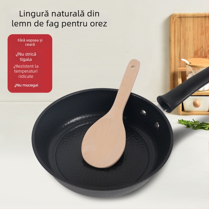 Lingură de gătit din lemn de fag natural, cu mâner din lemn, antiaderentă, rezistentă la temperaturi înalte, antiderapantă, prevenție arsuri