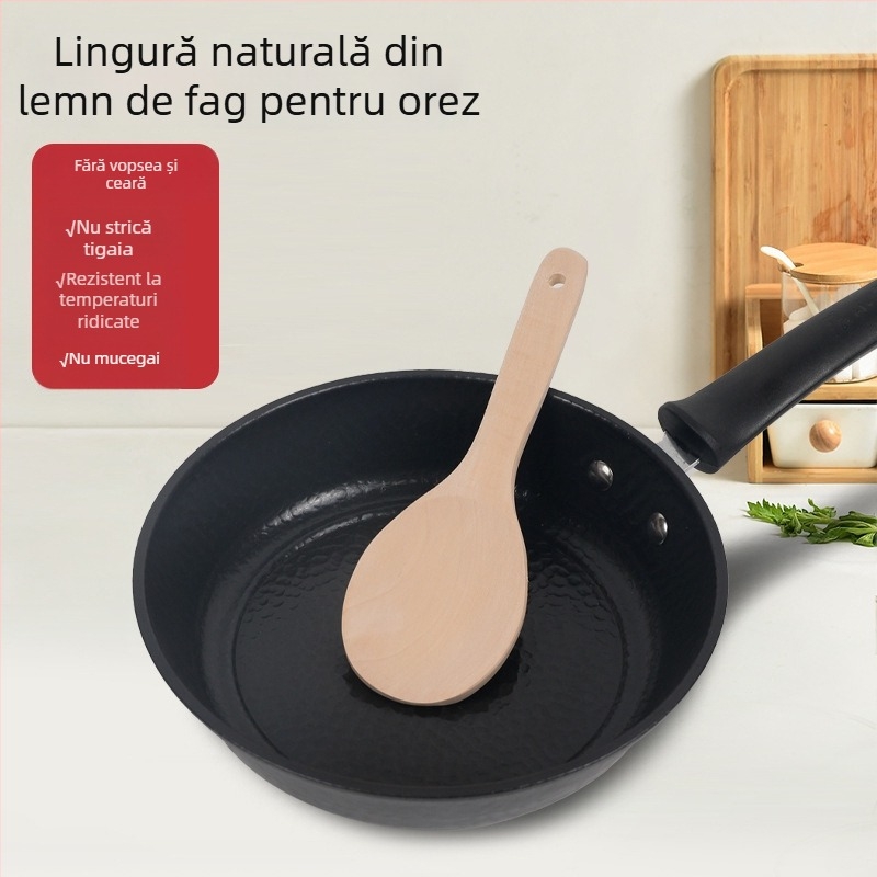 Lingură de gătit din lemn de fag natural, cu mâner din lemn, antiaderentă, rezistentă la temperaturi înalte, antiderapantă, prevenție arsuri
