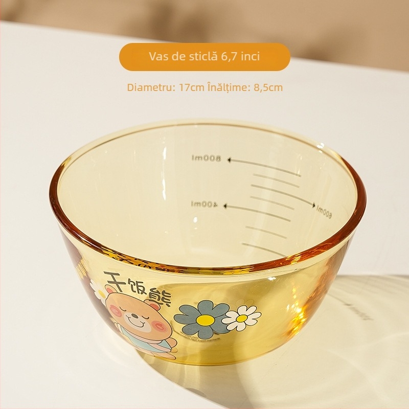 Vas de sticlă Mori gaopai, rezistent la temperaturi înalte, capacitate mare, formă rotundă, compatibil cu microundele, model cu animal
