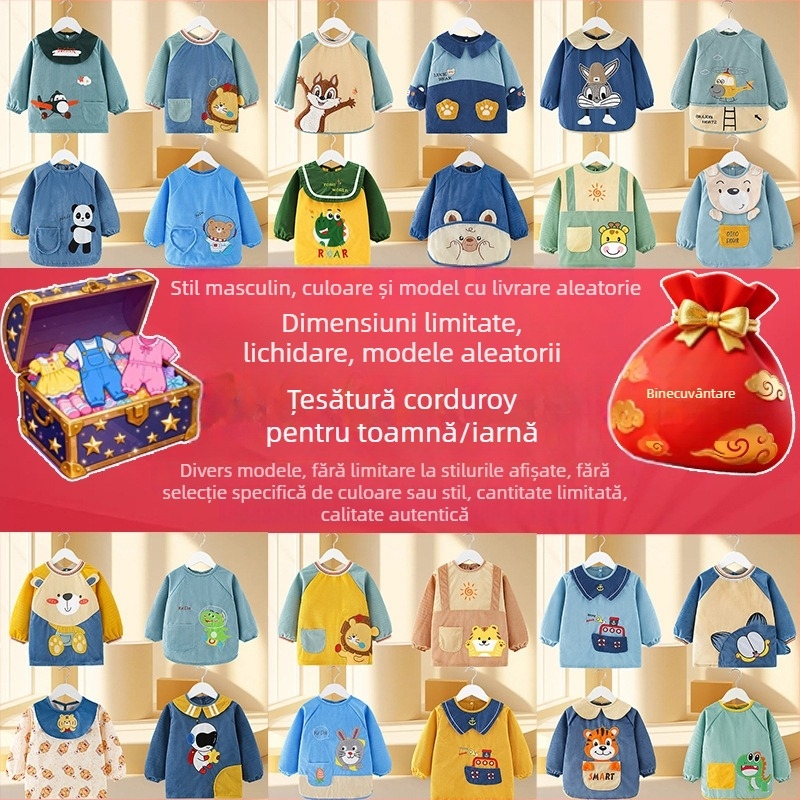 Smock impermeabil cu mâneci lungi pentru copii, imprimeu cartoon, material corduroy, potrivit pentru copii 3–8 ani