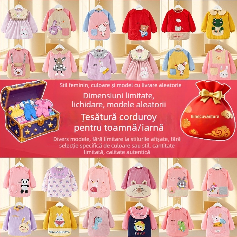 Smock impermeabil cu mâneci lungi pentru copii, imprimeu cartoon, material corduroy, potrivit pentru copii 3–8 ani