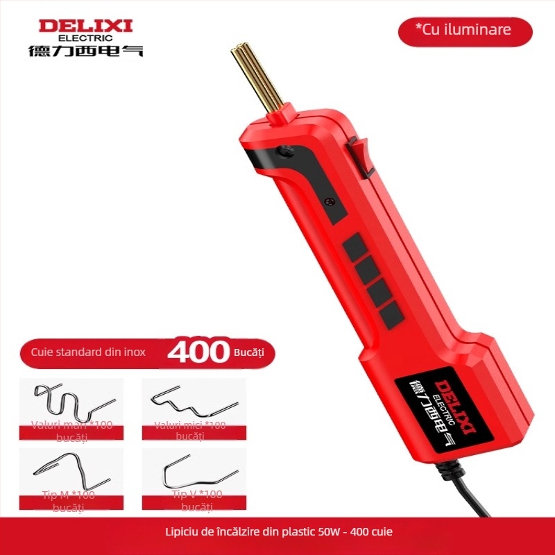 Aparat electric pentru sudură plastic pentru reparații la bara auto și sigilarea fisurilor; compatibil cu nylon, ABS, PP, PE etc.; 220V, 60Hz; încălzire electrică; dimensiuni 23.5×15.5 cm; greutate 0.63 kg