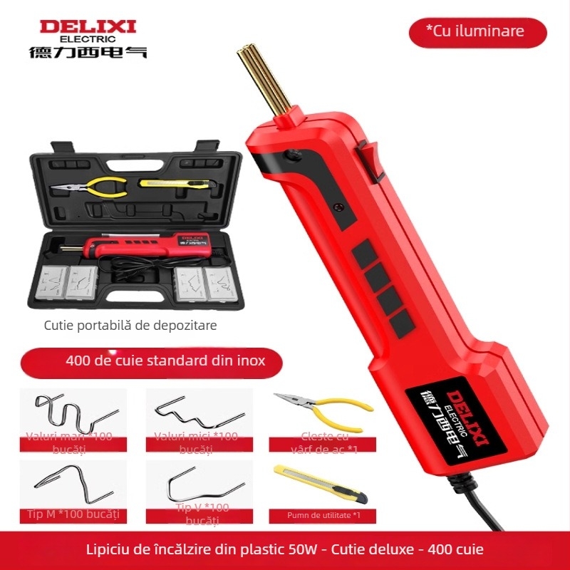 Aparat electric pentru sudură plastic pentru reparații la bara auto și sigilarea fisurilor; compatibil cu nylon, ABS, PP, PE etc.; 220V, 60Hz; încălzire electrică; dimensiuni 23.5×15.5 cm; greutate 0.63 kg