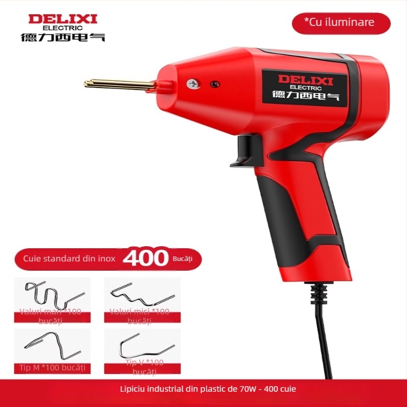 Aparat electric pentru sudură plastic pentru reparații la bara auto și sigilarea fisurilor; compatibil cu nylon, ABS, PP, PE etc.; 220V, 60Hz; încălzire electrică; dimensiuni 23.5×15.5 cm; greutate 0.63 kg