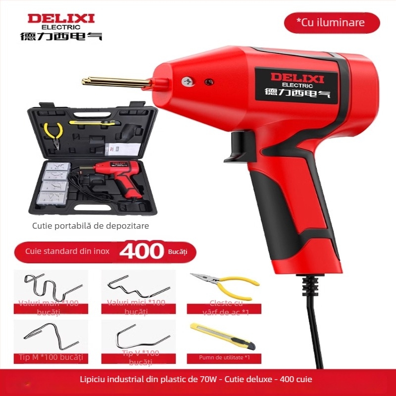 Aparat electric pentru sudură plastic pentru reparații la bara auto și sigilarea fisurilor; compatibil cu nylon, ABS, PP, PE etc.; 220V, 60Hz; încălzire electrică; dimensiuni 23.5×15.5 cm; greutate 0.63 kg