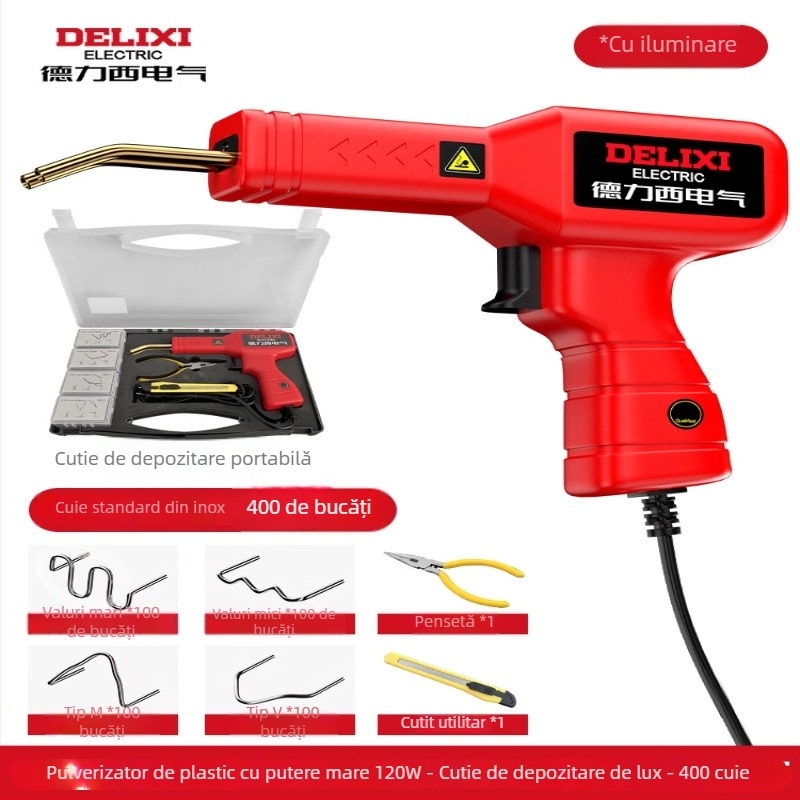 Aparat electric pentru sudură plastic pentru reparații la bara auto și sigilarea fisurilor; compatibil cu nylon, ABS, PP, PE etc.; 220V, 60Hz; încălzire electrică; dimensiuni 23.5×15.5 cm; greutate 0.63 kg