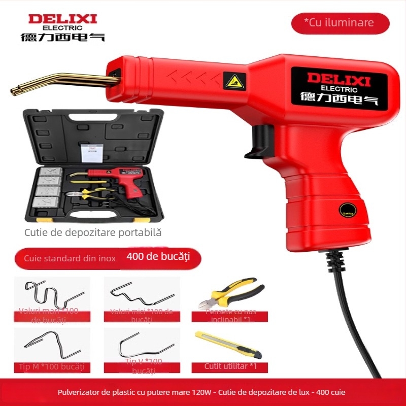 Aparat electric pentru sudură plastic pentru reparații la bara auto și sigilarea fisurilor; compatibil cu nylon, ABS, PP, PE etc.; 220V, 60Hz; încălzire electrică; dimensiuni 23.5×15.5 cm; greutate 0.63 kg