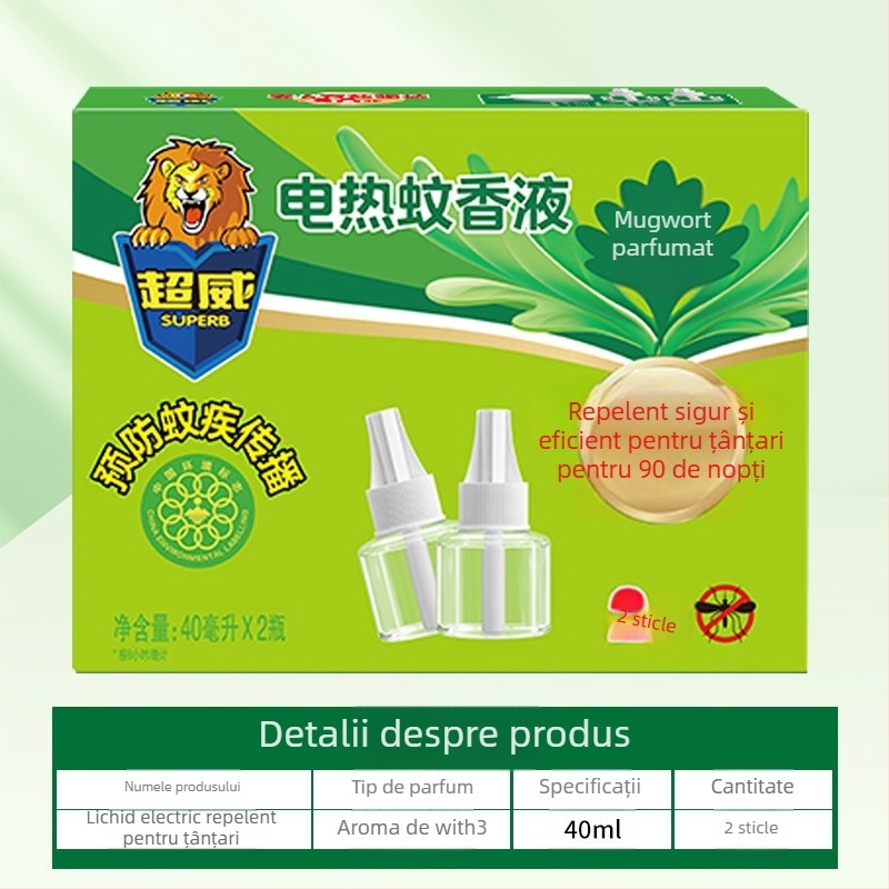 Lichid repulsor electric pentru țânțari – Mugwort parfum, formulă ușoară, sticlă unică, 24 bucăți într-o cutie, nr. înregistrare pesticid Wp20120071.