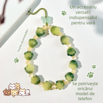 Șnur de telefon handmade din mărgele Bodhi, cu pandantive talisman labă de pisică și animale, stil natural