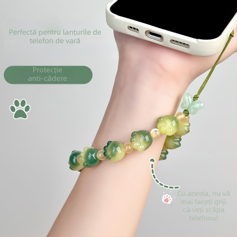 Șnur de telefon handmade din mărgele Bodhi, cu pandantive talisman labă de pisică și animale, stil natural