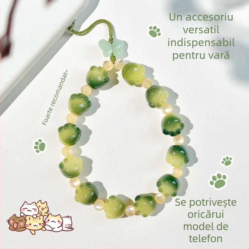 Șnur de telefon handmade din mărgele Bodhi, cu pandantive talisman labă de pisică și animale, stil natural