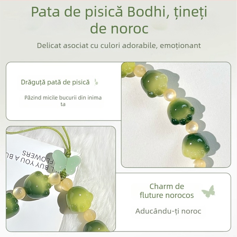 Șnur de telefon handmade din mărgele Bodhi, cu pandantive talisman labă de pisică și animale, stil natural