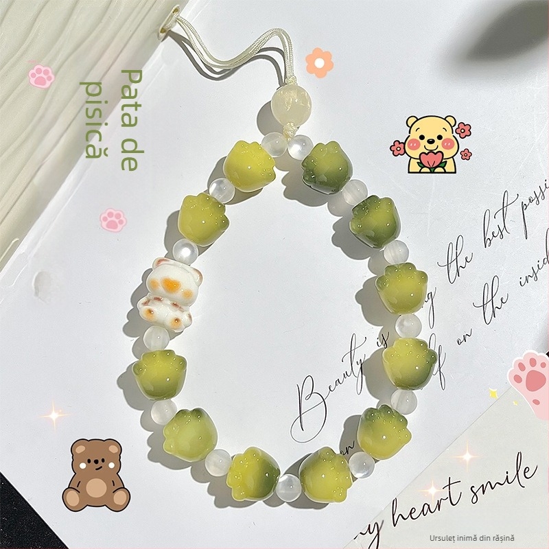 Șnur de telefon handmade din mărgele Bodhi, cu pandantive talisman labă de pisică și animale, stil natural