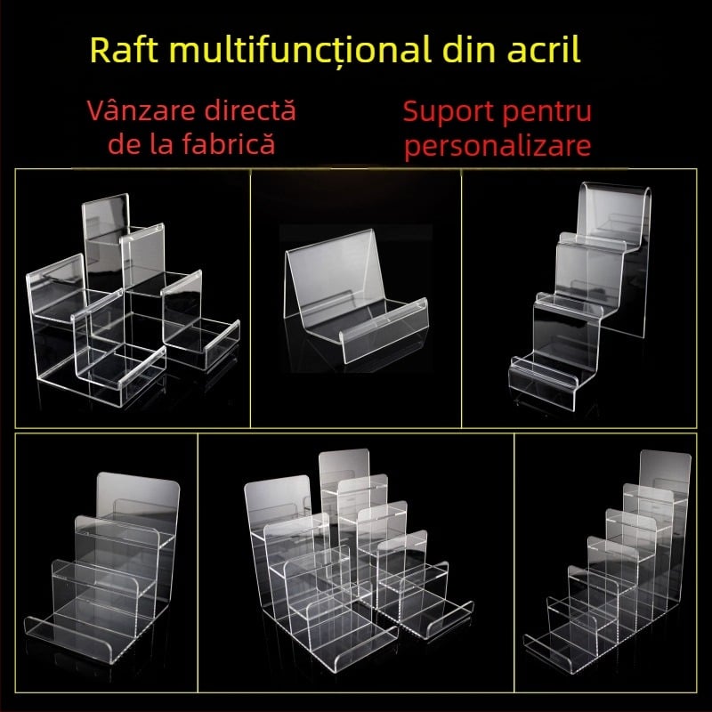 Raft de afișaj acrilic transparent pentru portofele, măști, telefoane și ochelari – patru niveluri, stil premium
