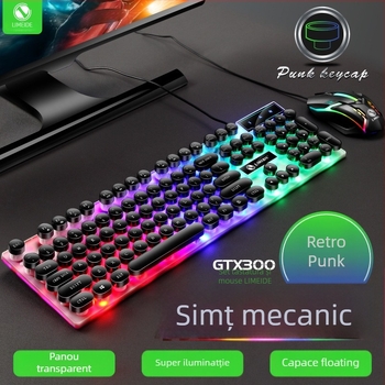 Set tastatură și mouse GTX300, tastatură cu cablu cu 104 taste, suport pentru încheietură și iluminare multicoloră