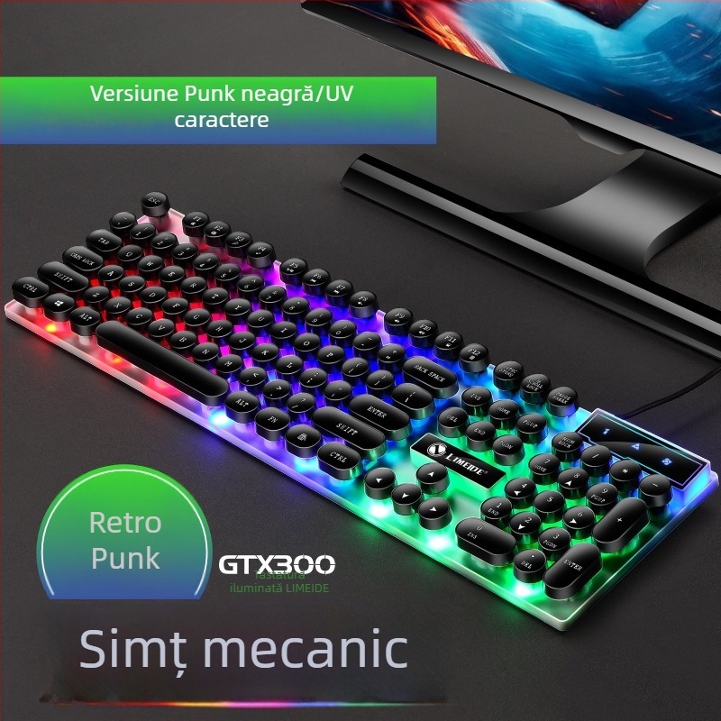 Set tastatură și mouse GTX300, tastatură cu cablu cu 104 taste, suport pentru încheietură și iluminare multicoloră