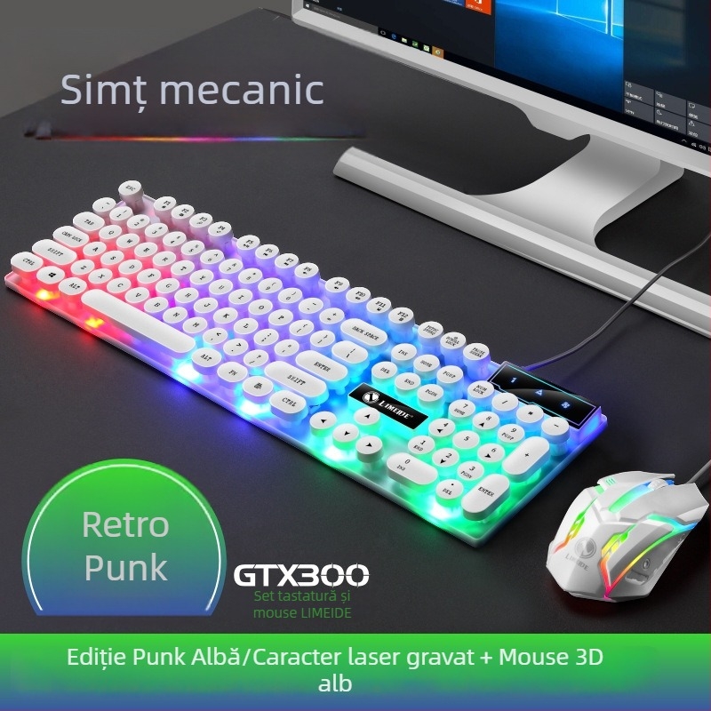 Set tastatură și mouse GTX300, tastatură cu cablu cu 104 taste, suport pentru încheietură și iluminare multicoloră