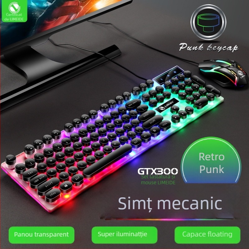 Set tastatură și mouse GTX300, tastatură cu cablu cu 104 taste, suport pentru încheietură și iluminare multicoloră