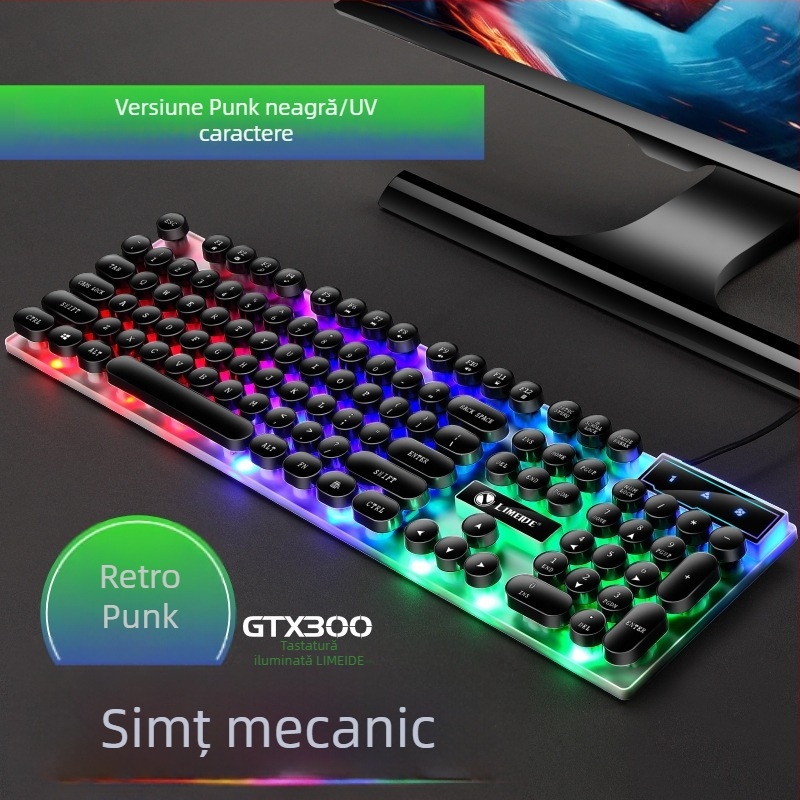 Set tastatură și mouse GTX300, tastatură cu cablu cu 104 taste, suport pentru încheietură și iluminare multicoloră