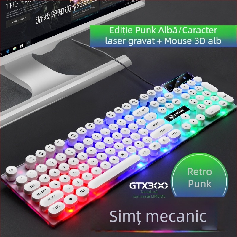 Set tastatură și mouse GTX300, tastatură cu cablu cu 104 taste, suport pentru încheietură și iluminare multicoloră