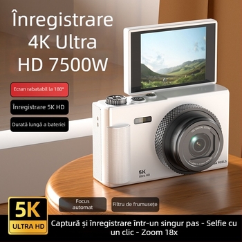 Aparat foto digital fără oglindă în stil retro 5K, cu ecran rabatabil, senzor CCD 1/3.2in, 24 MP, zoom optic 16x
