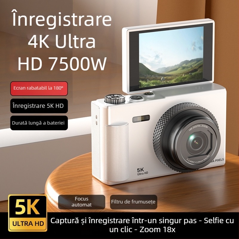 Aparat foto digital fără oglindă în stil retro 5K, cu ecran rabatabil, senzor CCD 1/3.2in, 24 MP, zoom optic 16x