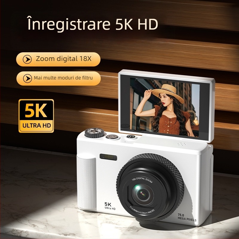 Aparat foto digital fără oglindă în stil retro 5K, cu ecran rabatabil, senzor CCD 1/3.2in, 24 MP, zoom optic 16x