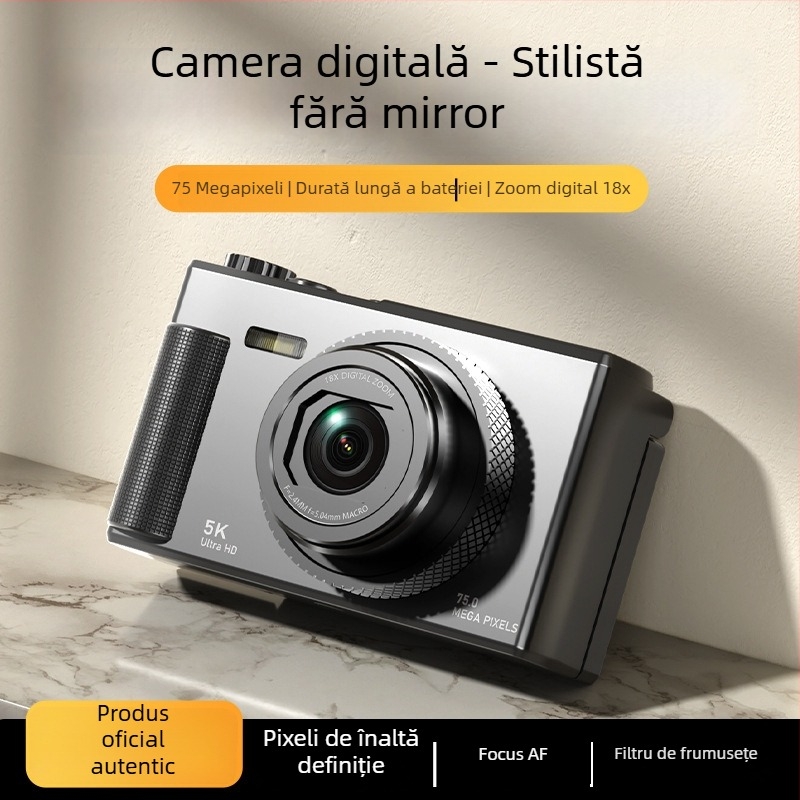 Aparat foto digital fără oglindă în stil retro 5K, cu ecran rabatabil, senzor CCD 1/3.2in, 24 MP, zoom optic 16x