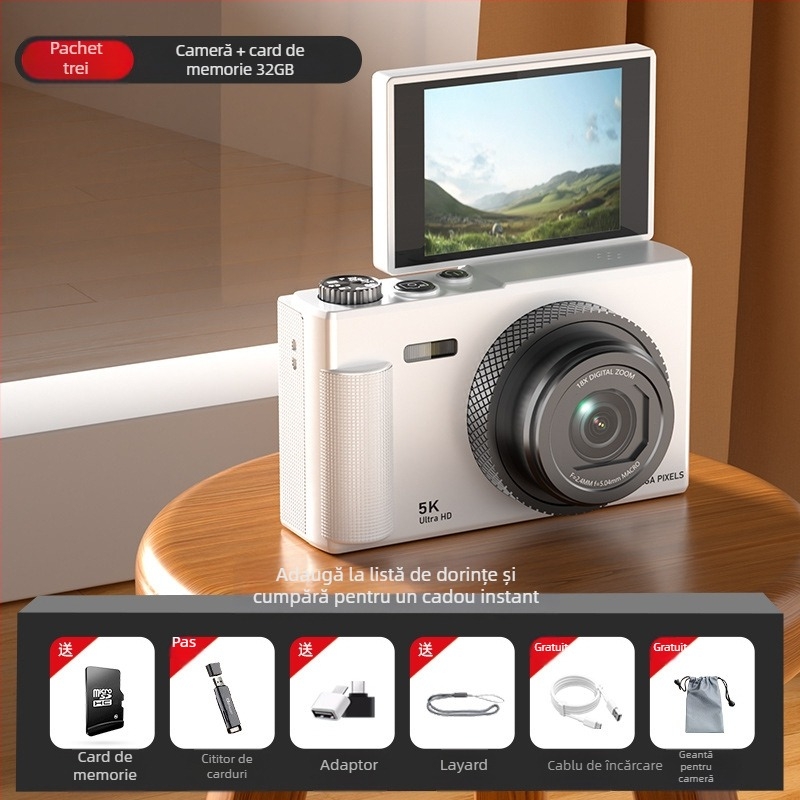 Aparat foto digital fără oglindă în stil retro 5K, cu ecran rabatabil, senzor CCD 1/3.2in, 24 MP, zoom optic 16x