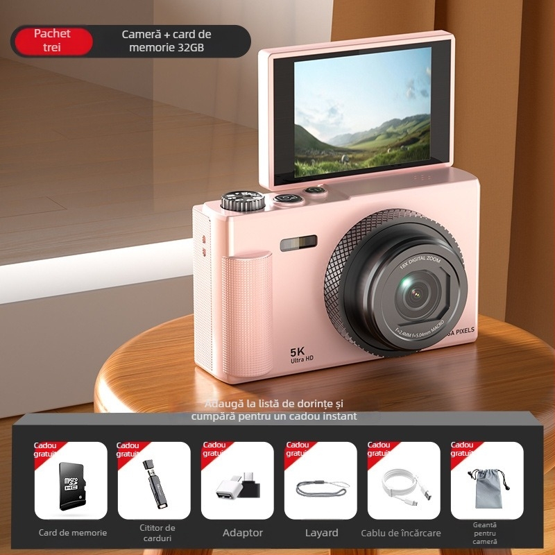 Aparat foto digital fără oglindă în stil retro 5K, cu ecran rabatabil, senzor CCD 1/3.2in, 24 MP, zoom optic 16x