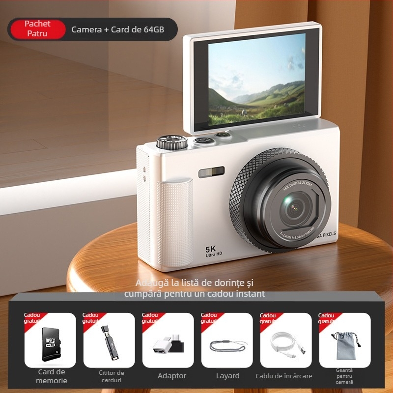 Aparat foto digital fără oglindă în stil retro 5K, cu ecran rabatabil, senzor CCD 1/3.2in, 24 MP, zoom optic 16x