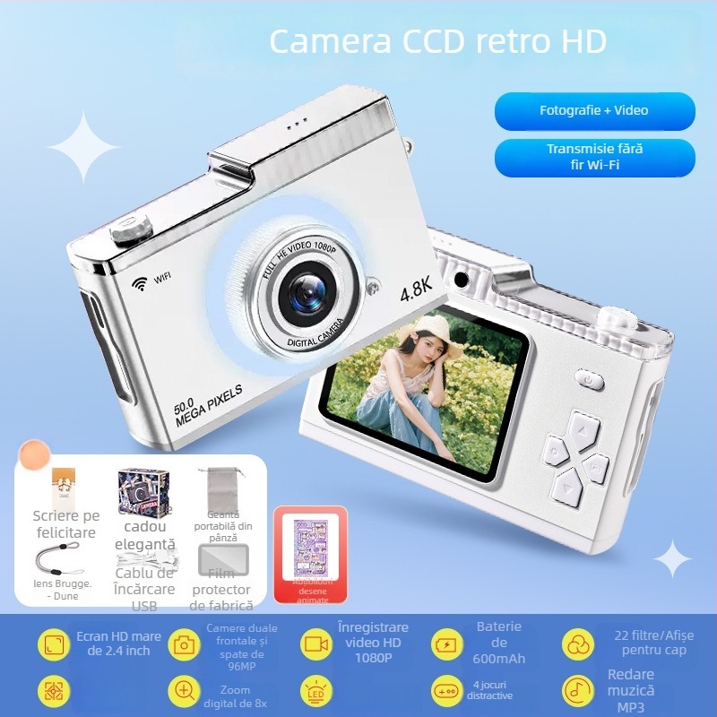 Cameră digitală retro CCD cu zoom optic 3x, model de intrare, senzor CCD